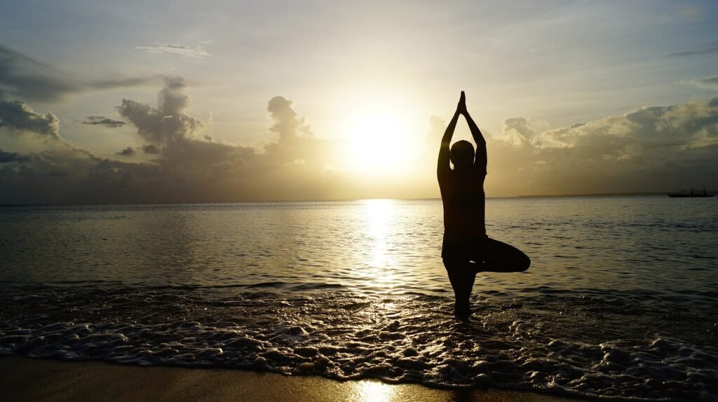 beach, yoga, sunset, nature, silhouette, person, yoga pose, shore, seashore, sea, ocean, meditate, meditation, pose, balance, calm, tranquil